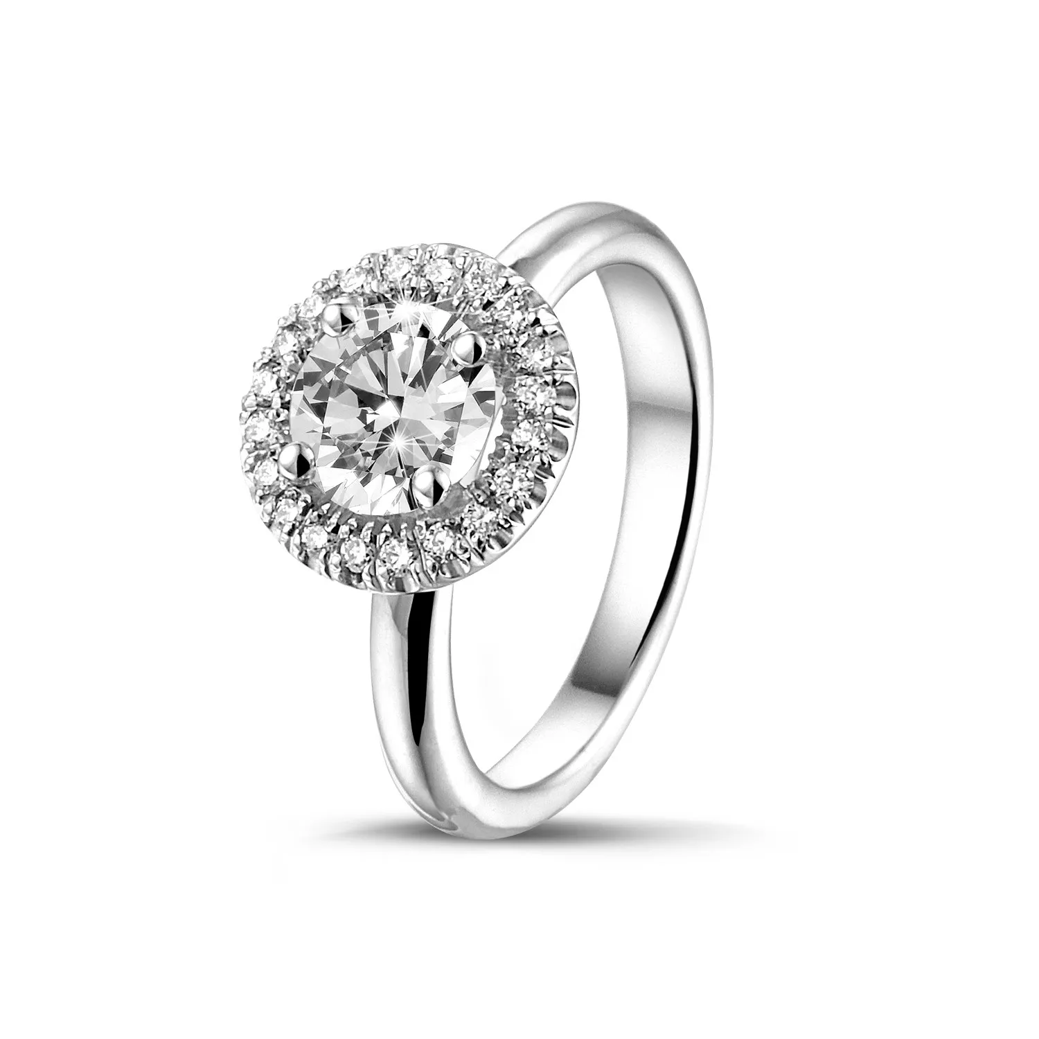 1.00 quilates halo anillo solitario en oro blanco con diamantes redondos 