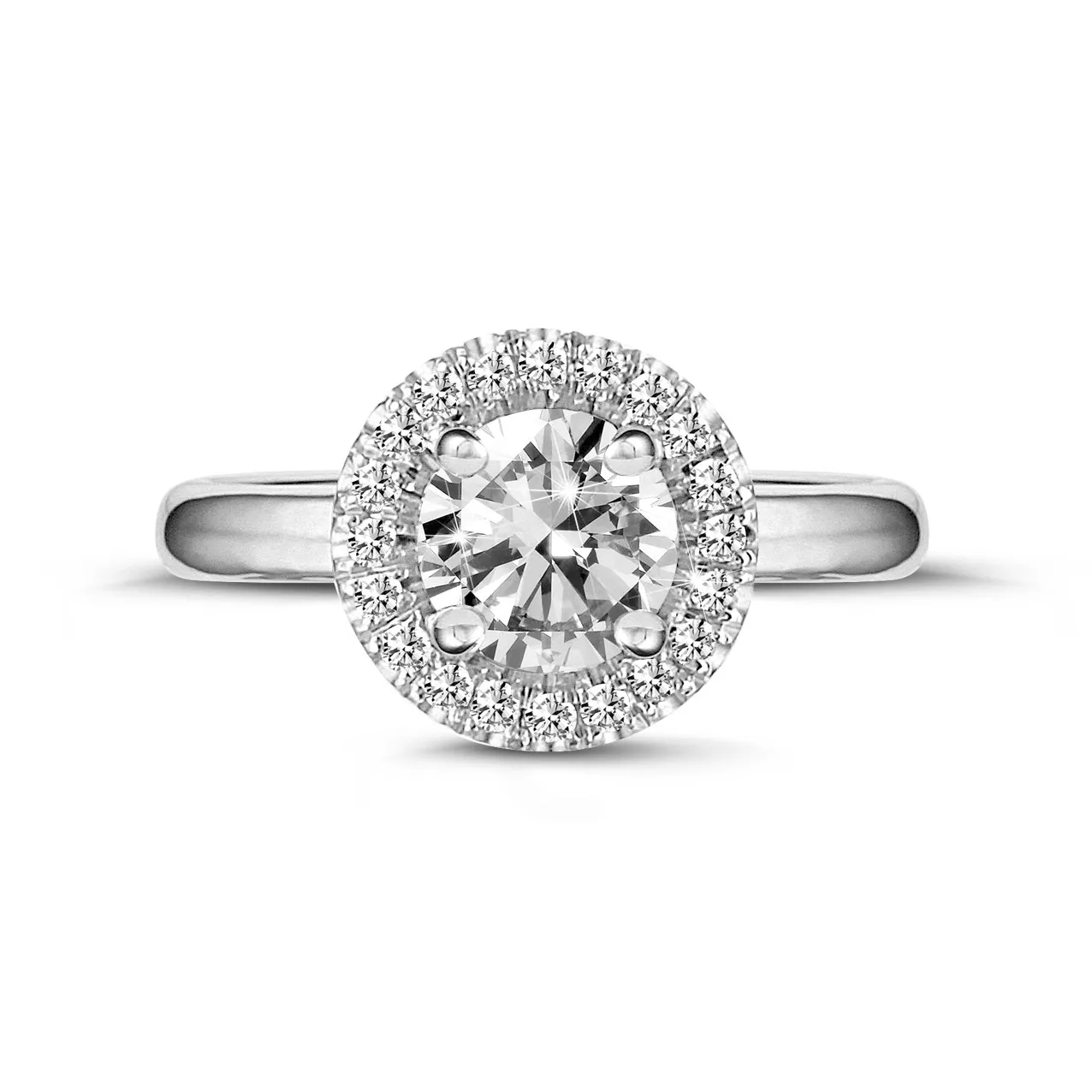 1.00 quilates halo anillo solitario en oro blanco con diamantes redondos 