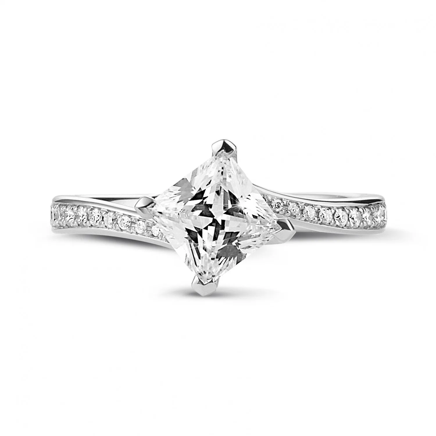 1.20 quilates anillo solitario en platino con diamante talla princesa y diamantes laterales 