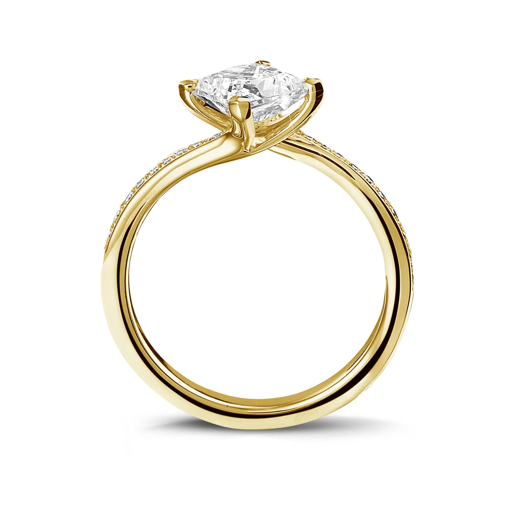 3.00 quilates anillo solitario en oro amarillo con diamante talla princesa y diamantes laterales 