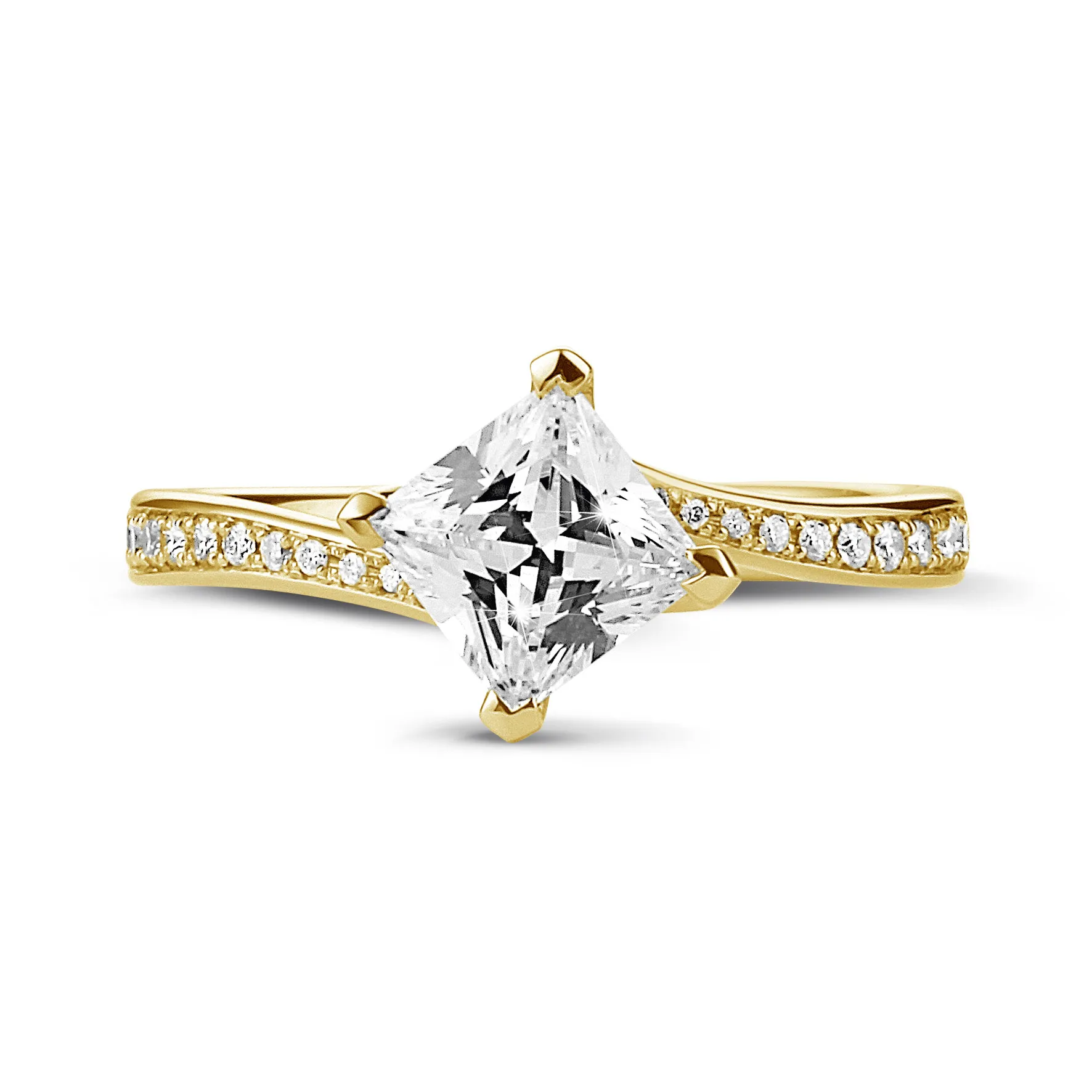 3.00 quilates anillo solitario en oro amarillo con diamante talla princesa y diamantes laterales 