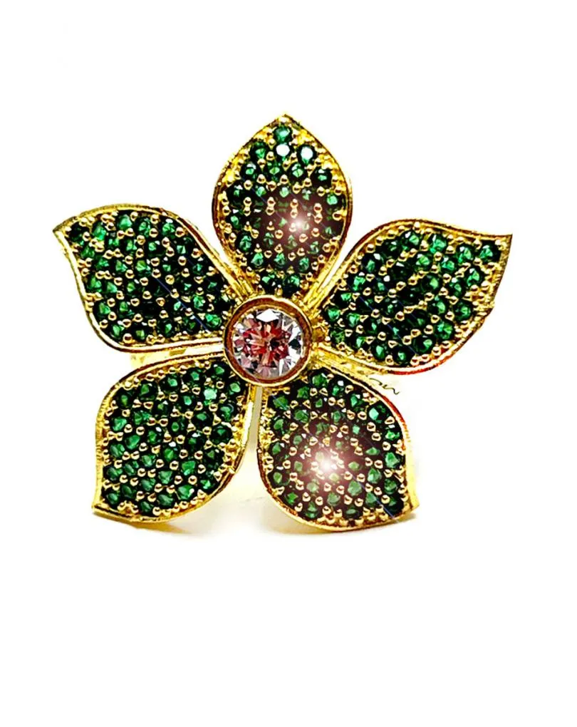 ANILLO GRANDE MUJER CON FLOR VERDE Y CIRCONITA PARA LOOKS DE FIESTA