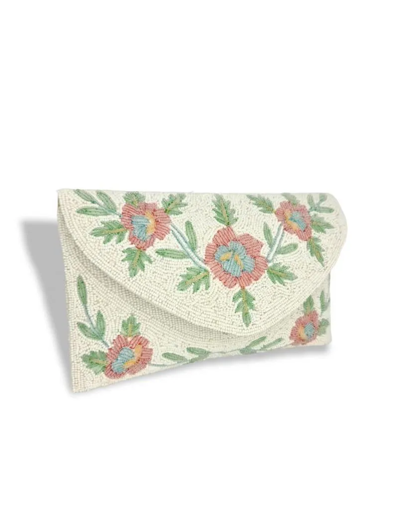 BOLSO DE FIESTA PARA MUJER CON FLORES EN ABALORIOS Y SOLAPA