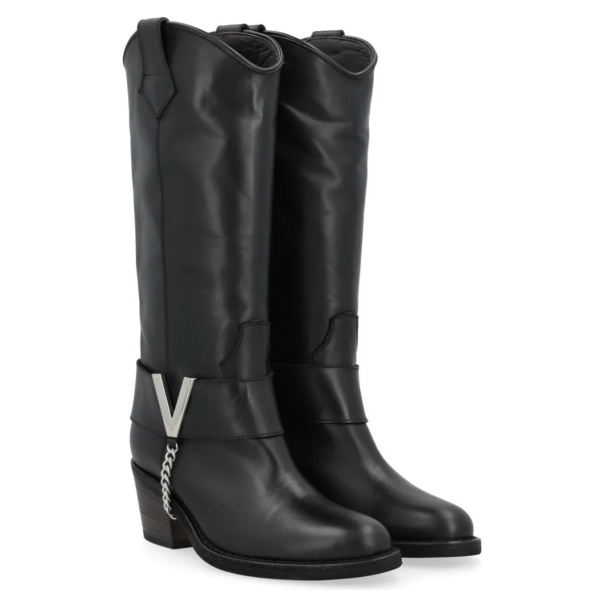 Bota tejana  negra con V plateada