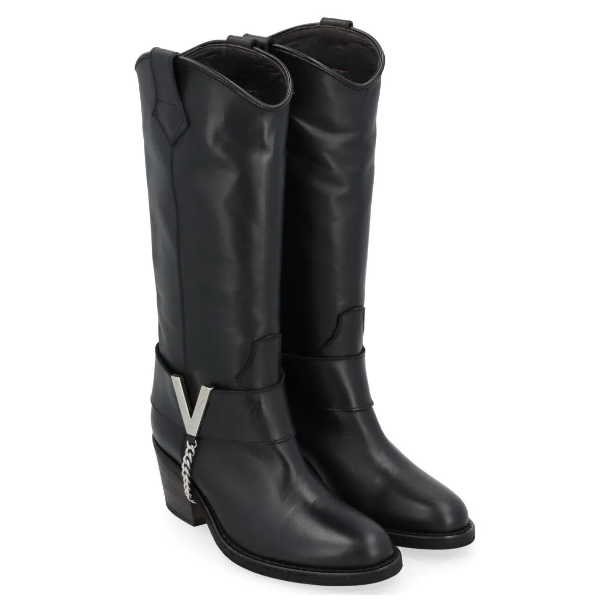 Bota tejana  negra con V plateada