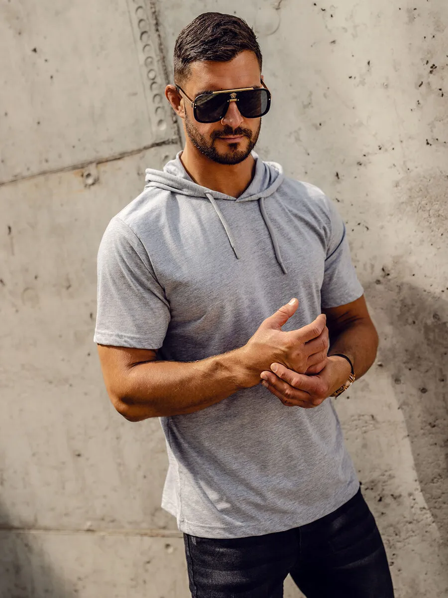 Camiseta algodón de manga corta con capucha sin impresión para hombre gris Bolf 14513A