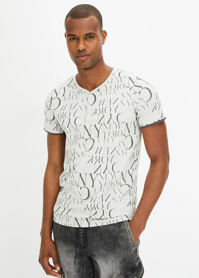 Camiseta con cuello henley, corte ajustado y manga corta plata mate/antracita