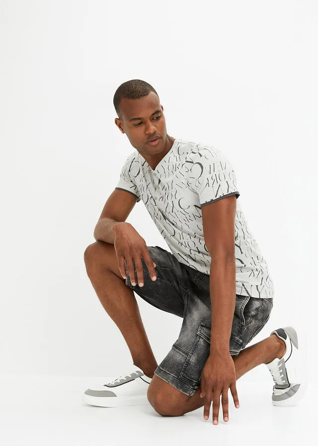 Camiseta con cuello henley, corte ajustado y manga corta plata mate/antracita