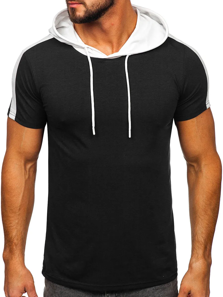 Camiseta de manga corta con capucha sin impresión para hombre negro Bolf 8T299
