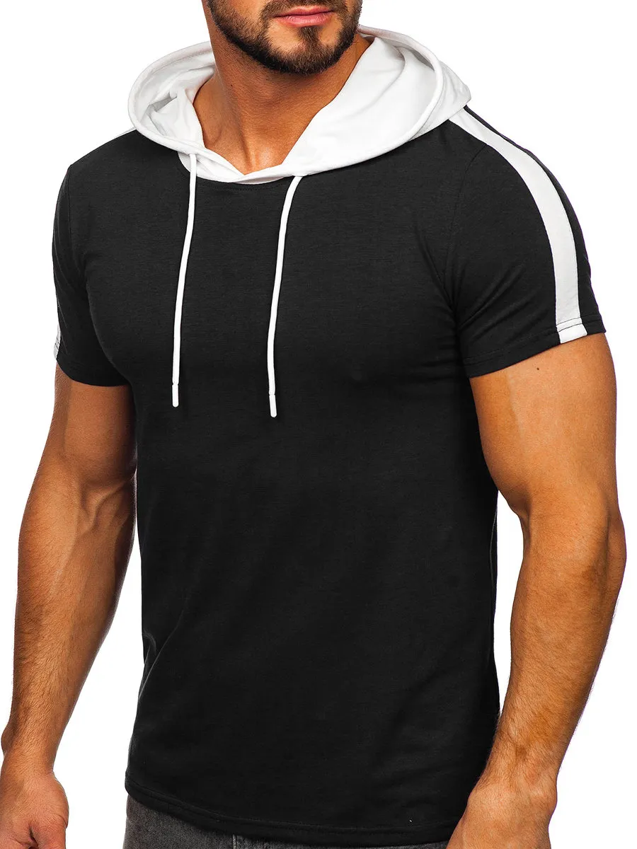 Camiseta de manga corta con capucha sin impresión para hombre negro Bolf 8T299