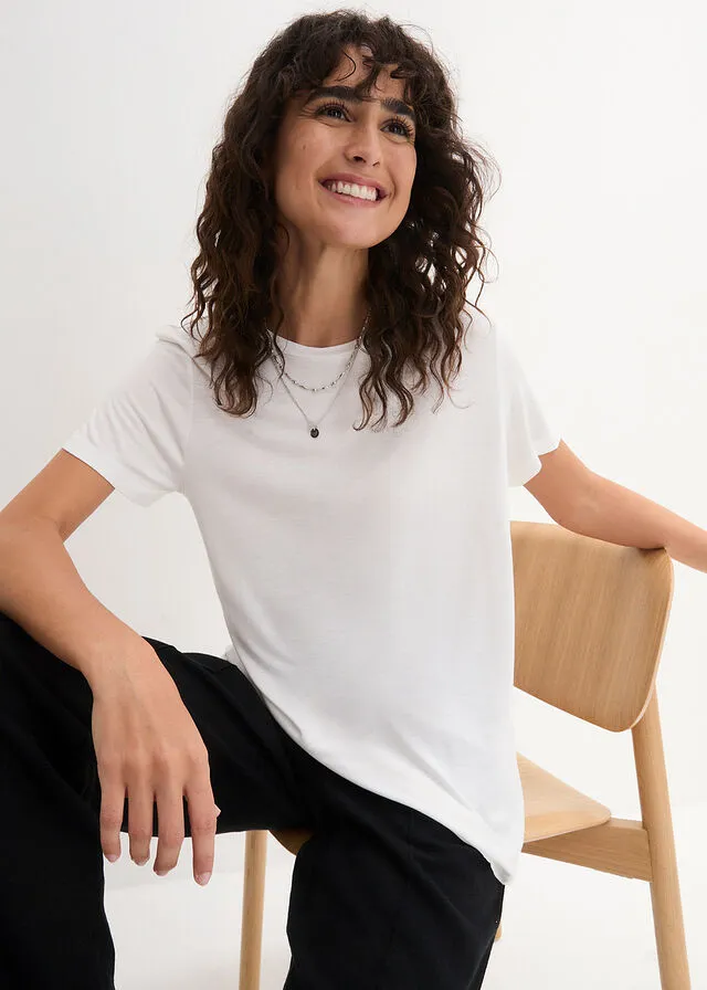 Camiseta larga de viscosa sostenible con bajo redondo Blanco