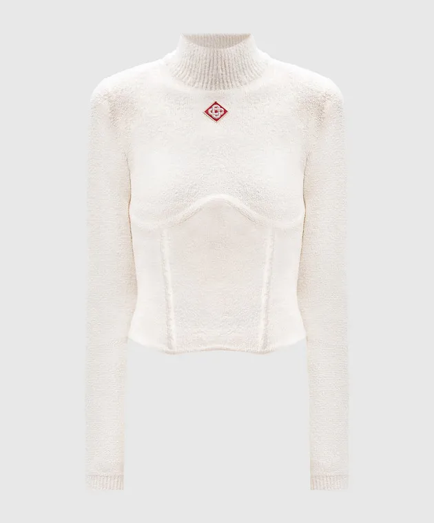Casablanca White cropped bouclé sweater with logo