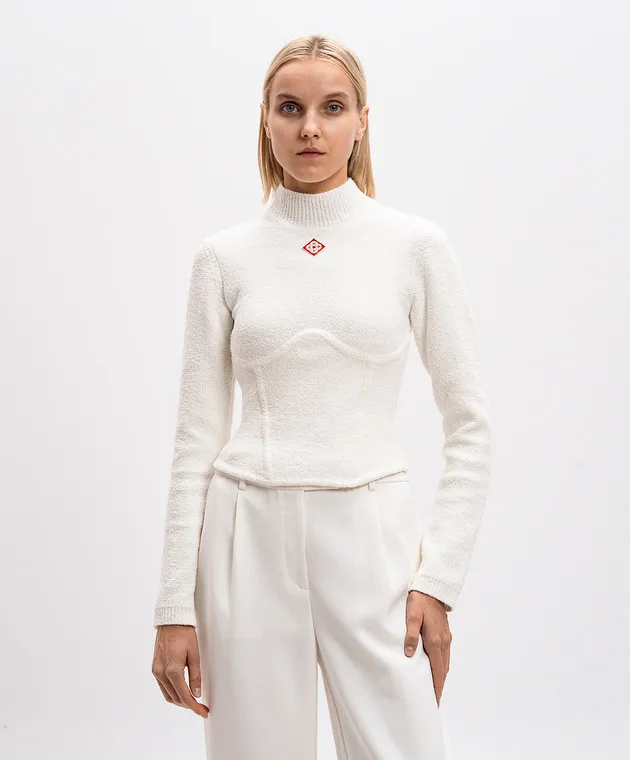 Casablanca White cropped bouclé sweater with logo