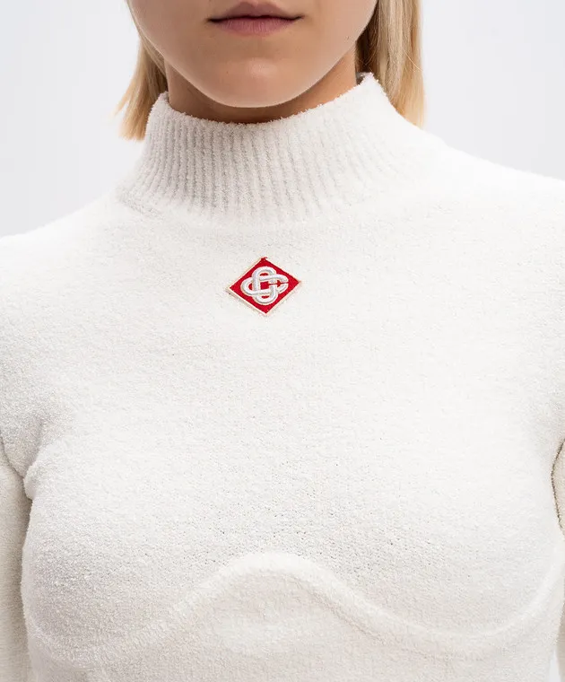 Casablanca White cropped bouclé sweater with logo