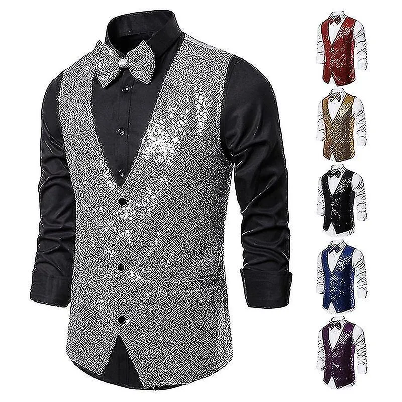 Chaleco de lentejuelas brillantes para hombre, chaleco de traje con cuello en V