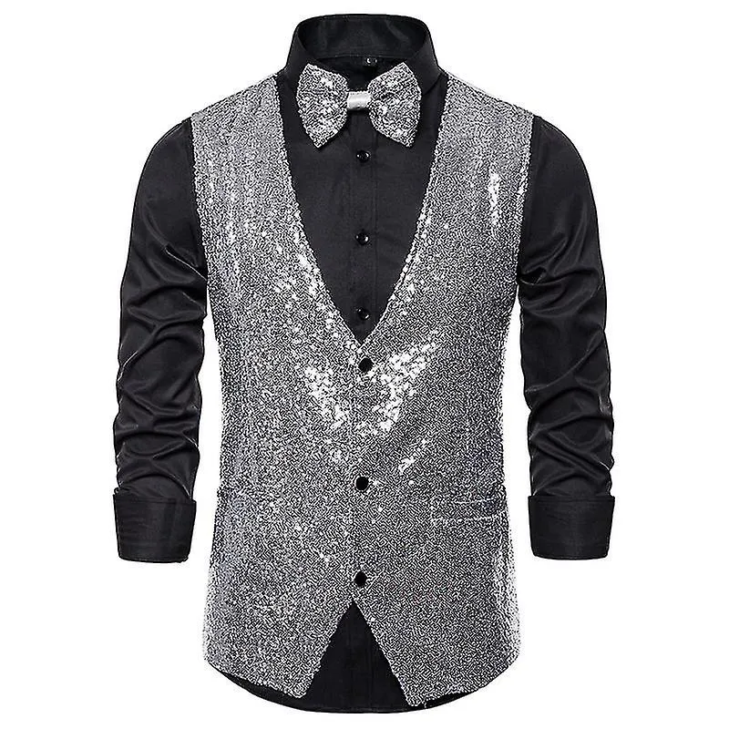 Chaleco de lentejuelas brillantes para hombre, chaleco de traje con cuello en V
