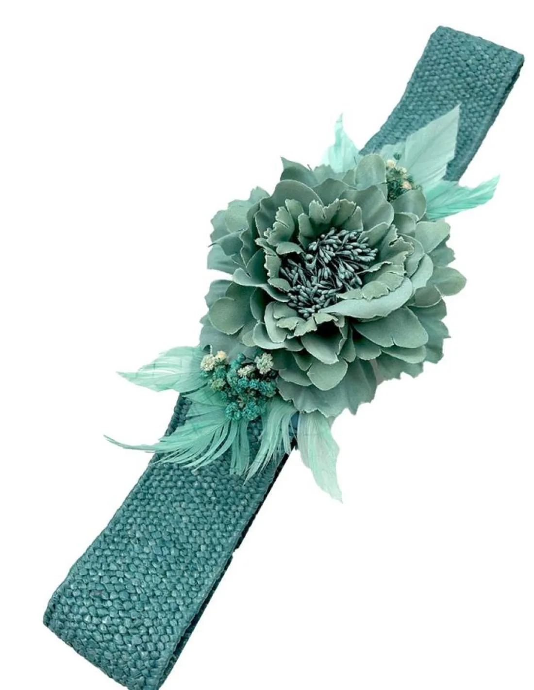 CINTURONES FIESTA AZULES Y VERDES PARA BODAS CON BONITAS FLORES Y PLUMAS