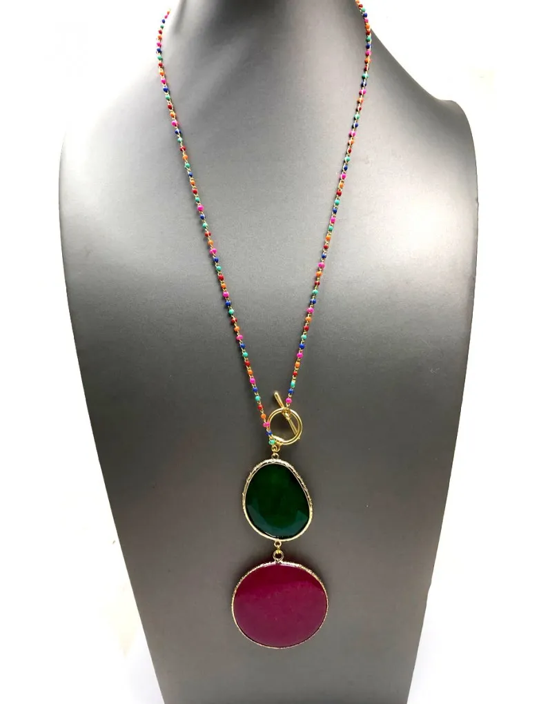 COLLARES LARGOS CON GRAN COLGANTE DE PIEDRAS VERDE Y MORADA
