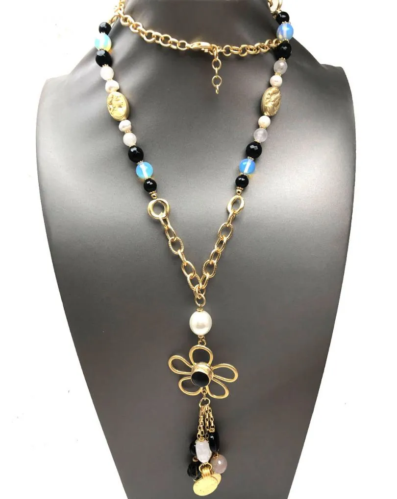 COLLARES LARGOS DORADOS CON PIEDRAS SEMIPRECIOSAS Y FLOR