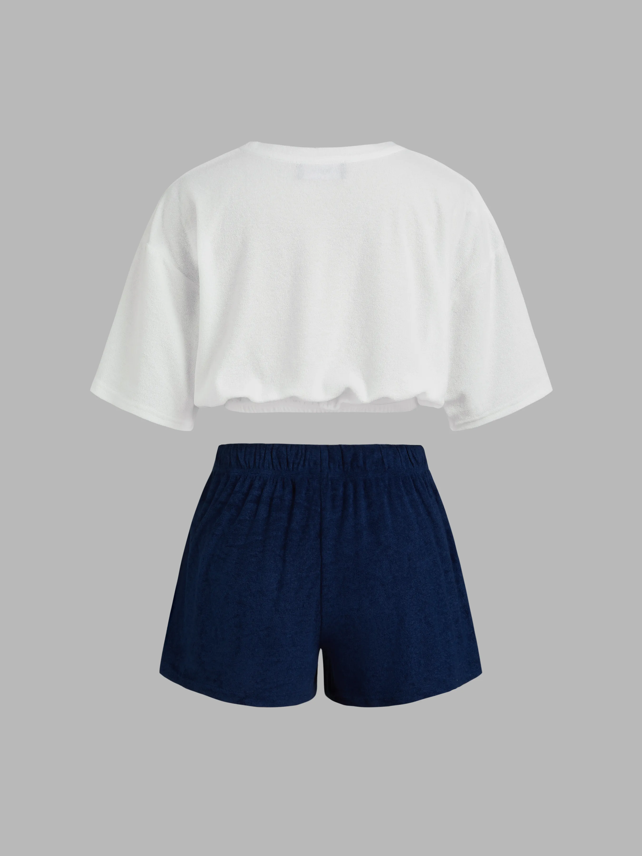Crop Top con Gráfico de Insignia y Cuello Redondo Terry con Pantalón Corto Anudado de Tiro Medio Liso Terry