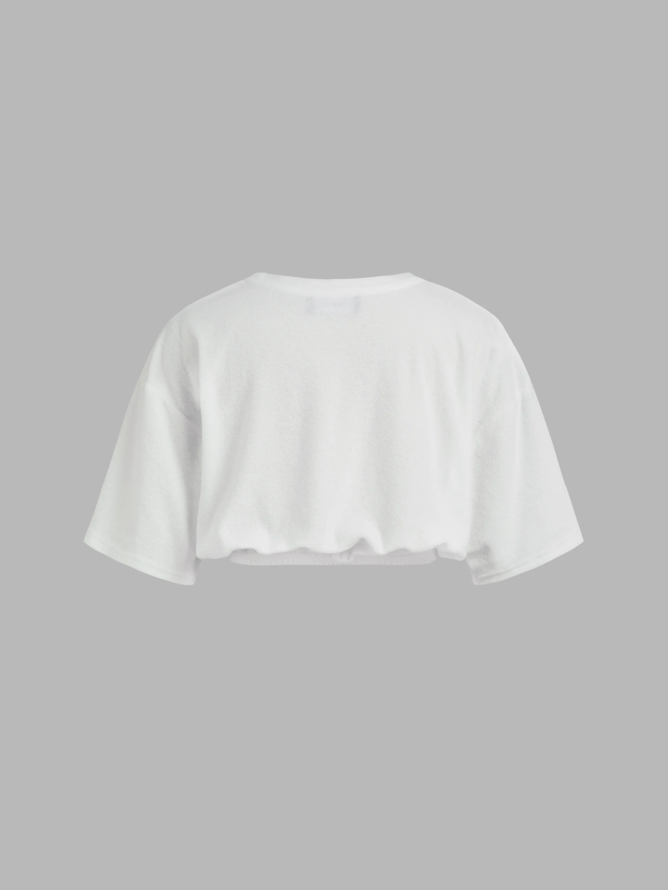 Crop Top con Gráfico de Insignia y Cuello Redondo Terry con Pantalón Corto Anudado de Tiro Medio Liso Terry