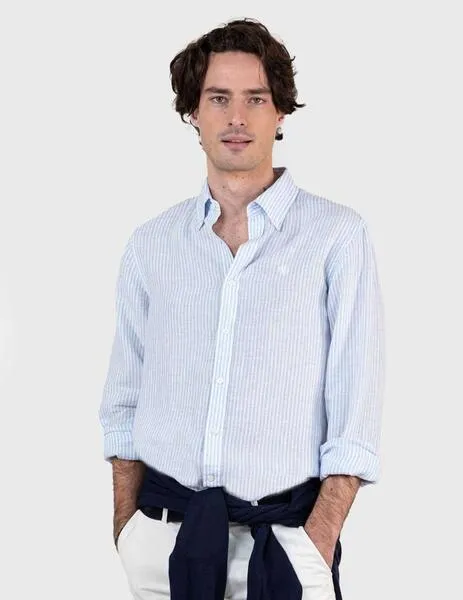 El Ganso Camisa Raya Yale Lino azul celeste para hombre