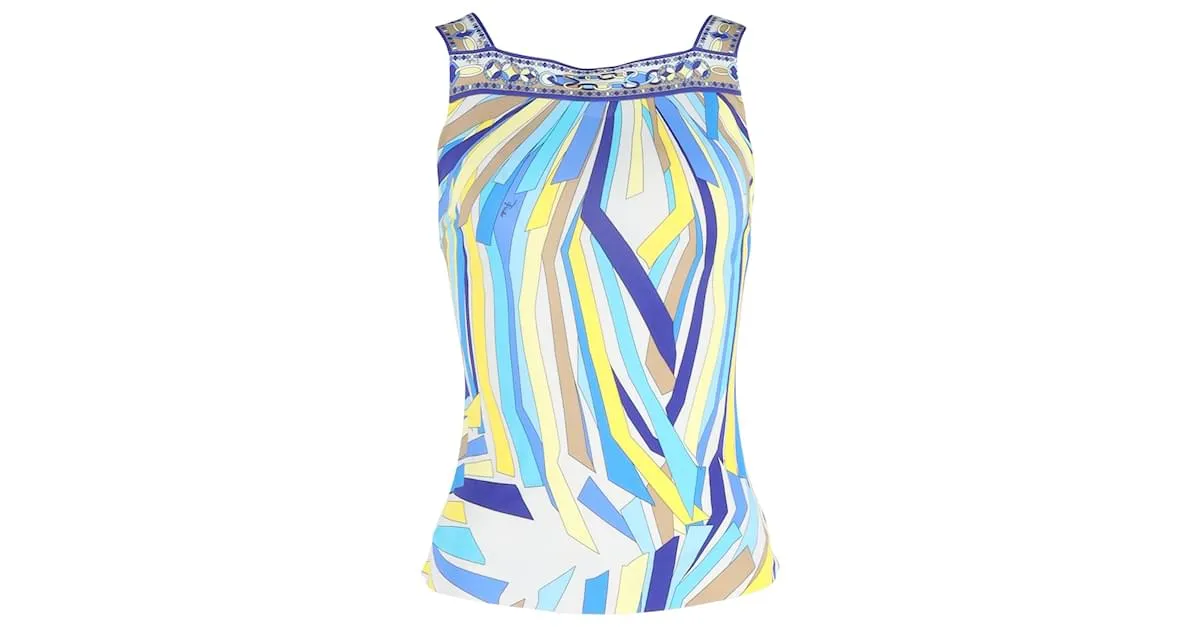 Emilio Pucci Top estampado con cuello cuadrado en seda azul Azul claro 