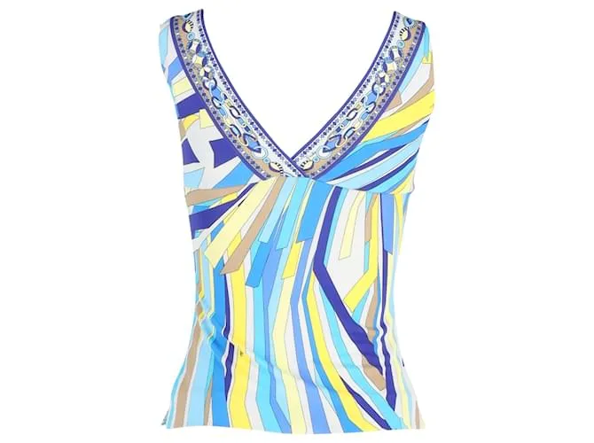 Emilio Pucci Top estampado con cuello cuadrado en seda azul Azul claro 