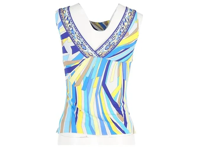 Emilio Pucci Top estampado con cuello cuadrado en seda azul Azul claro 