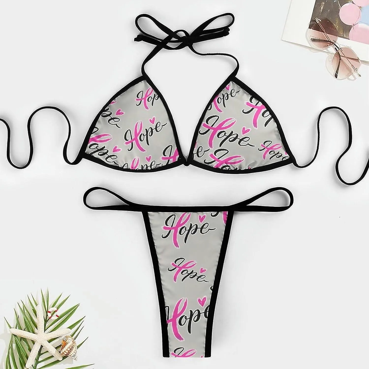 Hope Breast Cancer Awareness Conjuntos de bikini para mujer Traje de baño de 2 piezas Traje de baño sexy Triángulo halter estilo