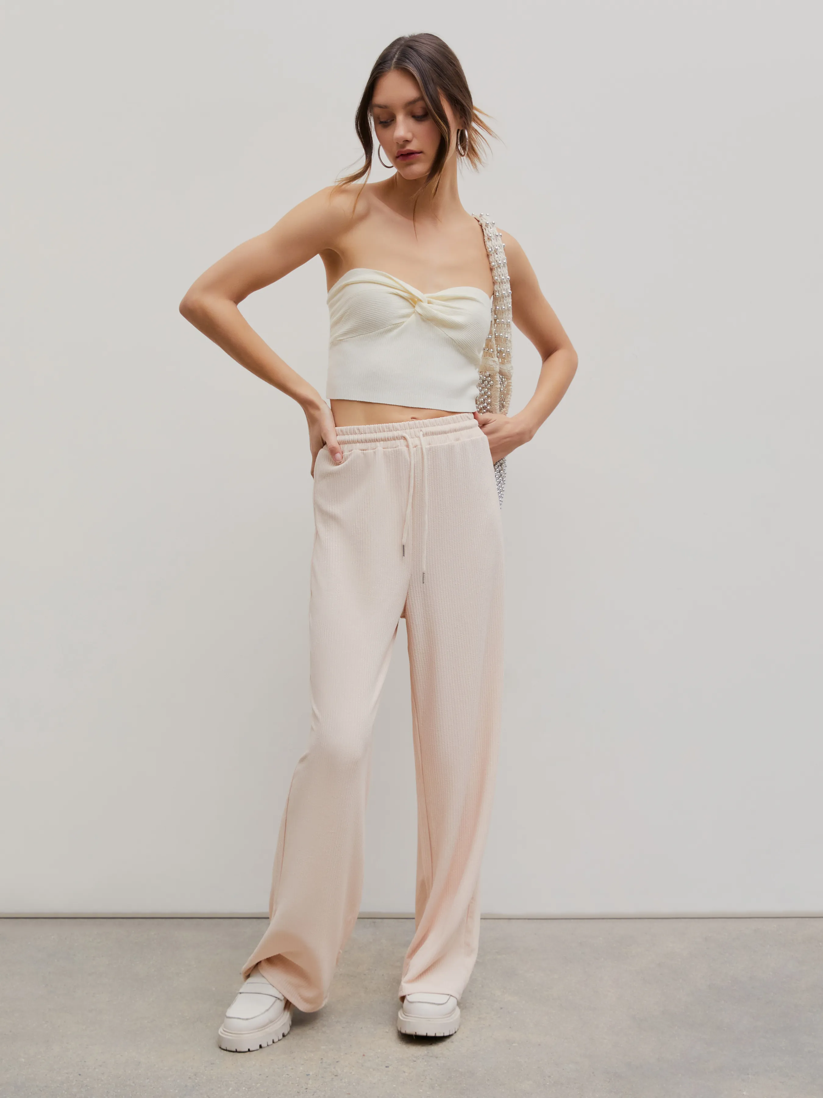  Pantalones Anchos de Pierna con Cordón de Costilla Sólida