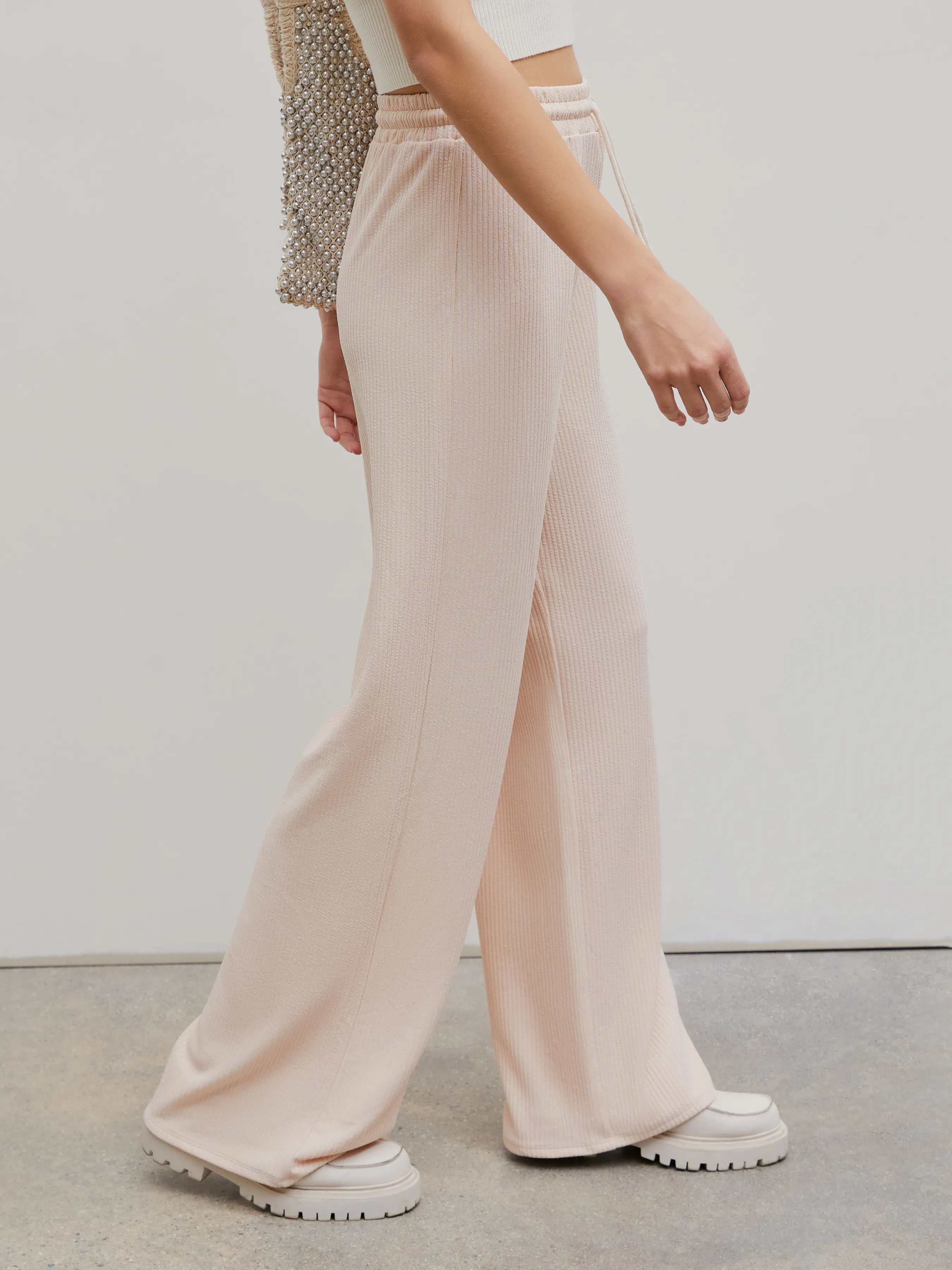  Pantalones Anchos de Pierna con Cordón de Costilla Sólida