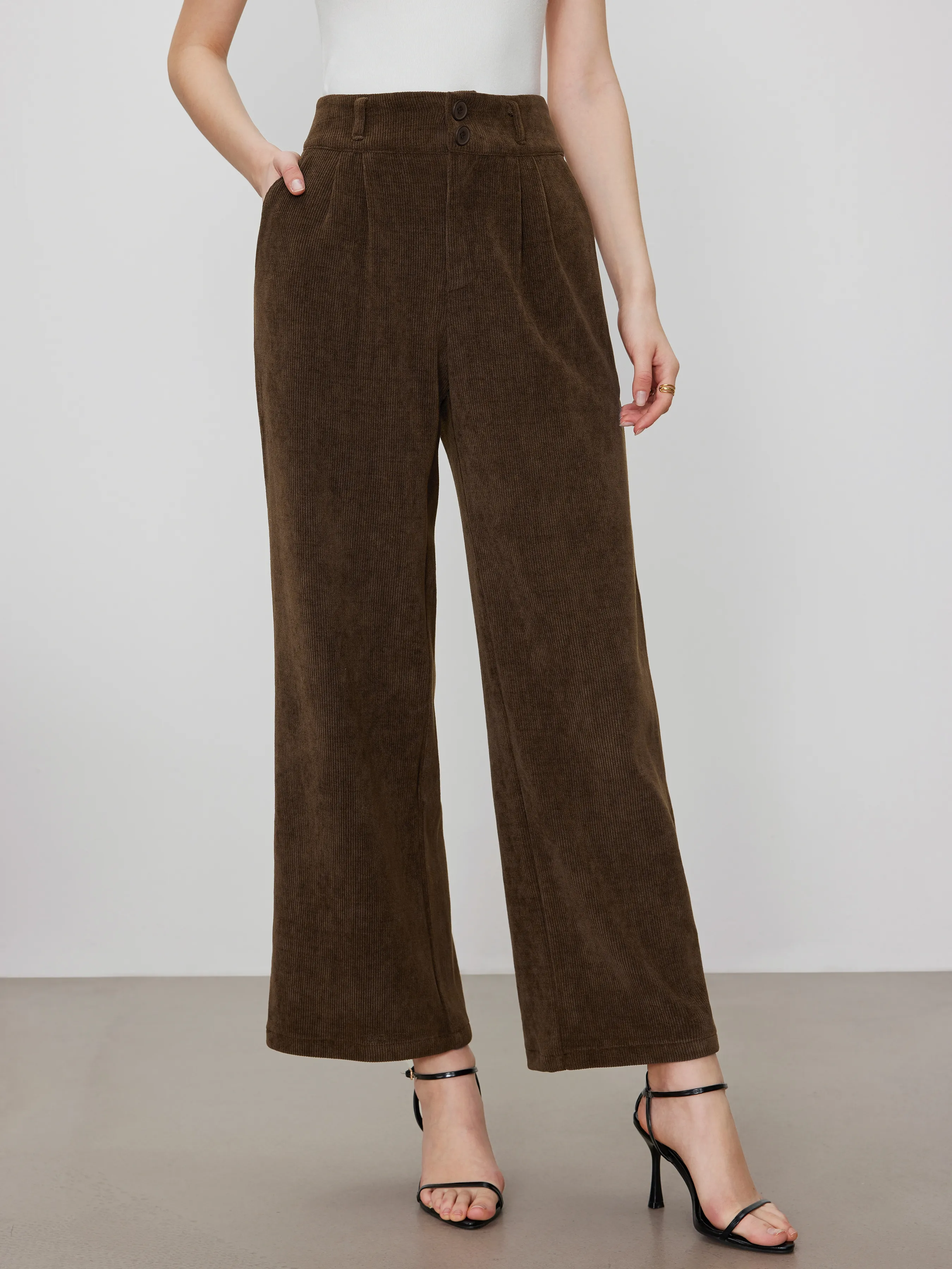 Pantalones de pana de cintura alta sólidos plisados de pierna ancha