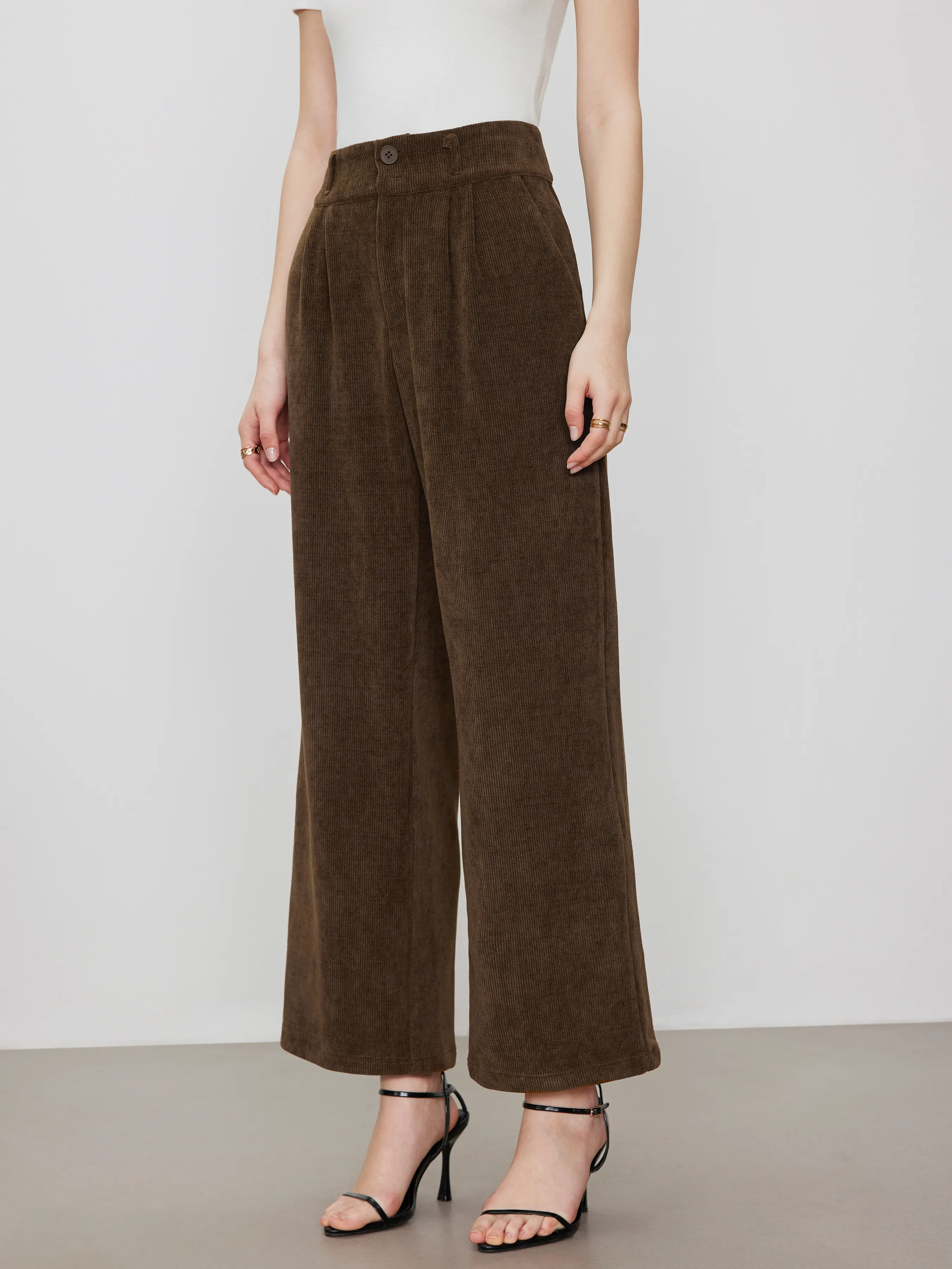  Pantalones de pana de cintura alta sólidos plisados de pierna ancha