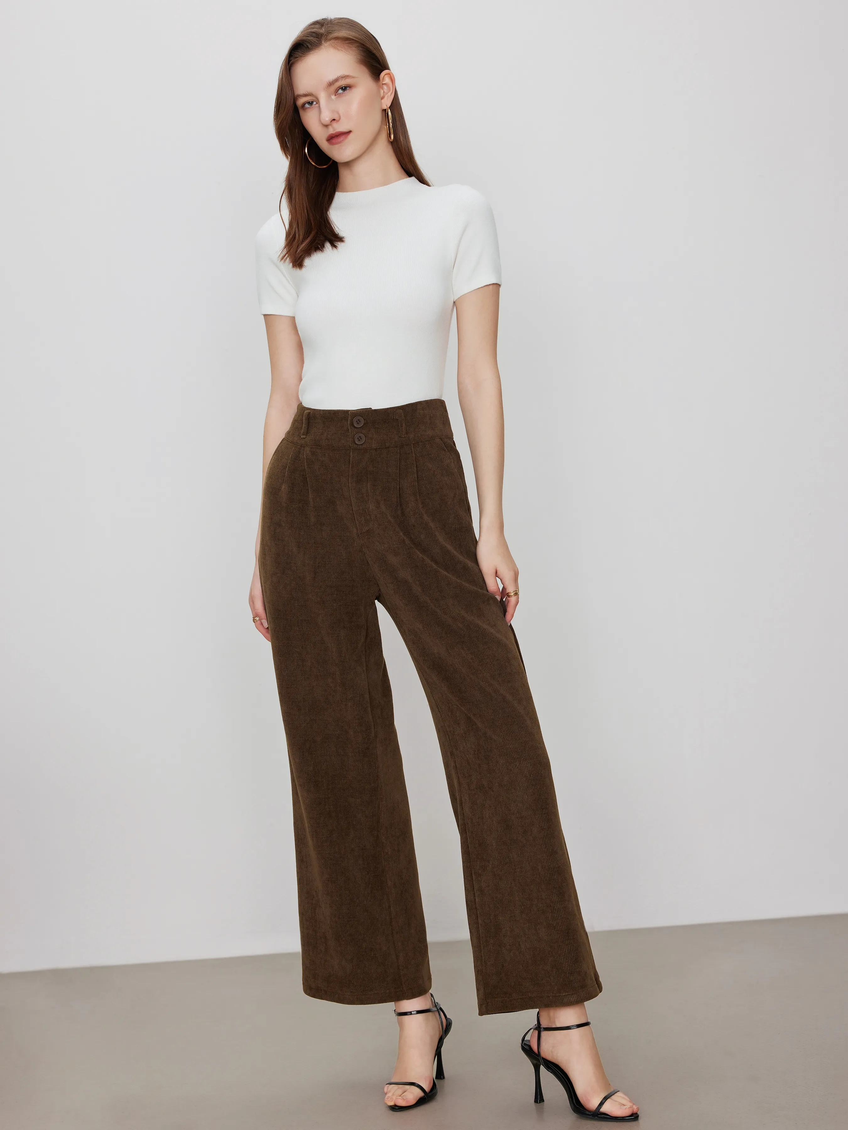  Pantalones de pana de cintura alta sólidos plisados de pierna ancha