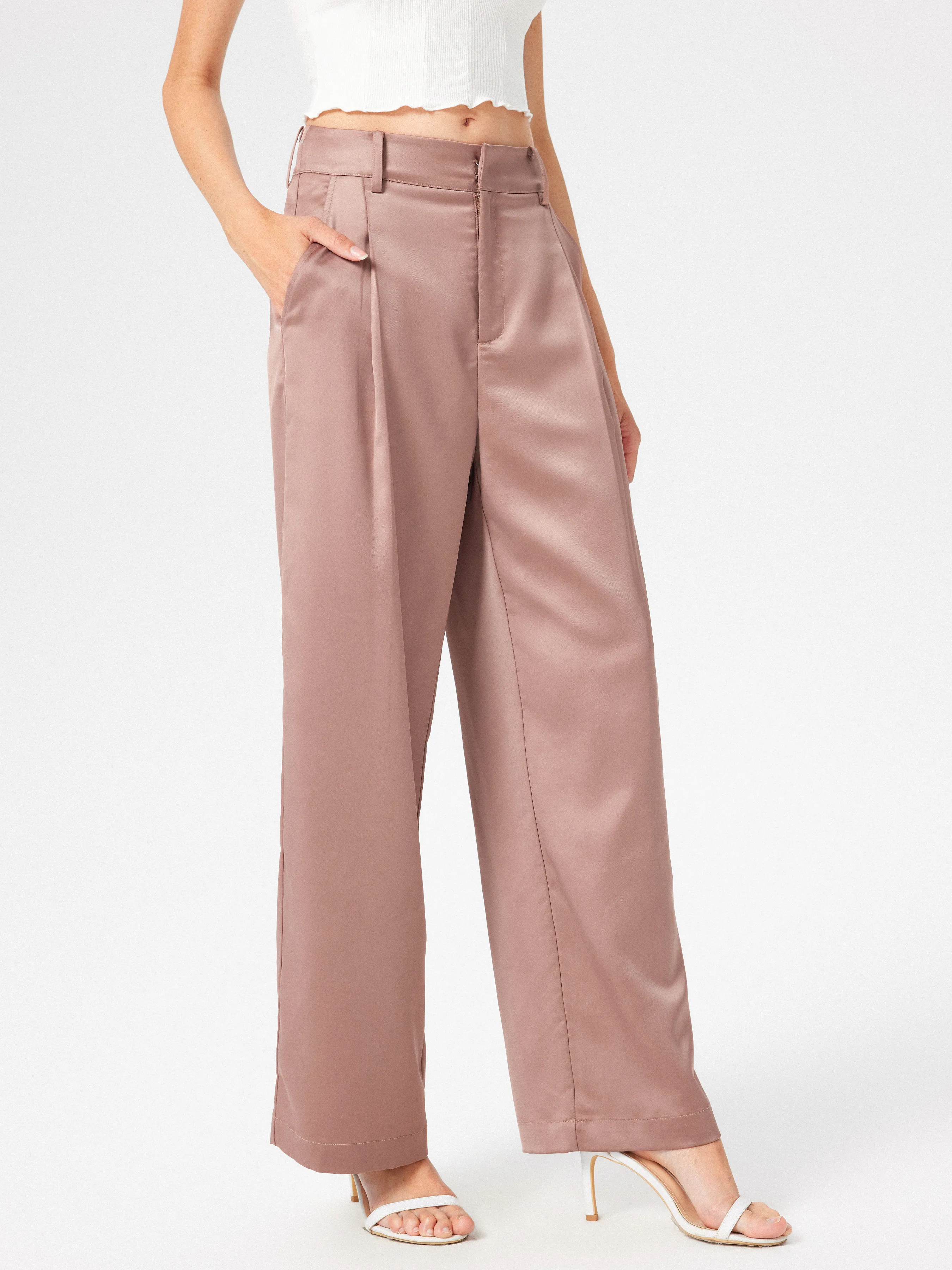  Pantalones Satinados de Cintura Alta Plisados de Pierna Ancha