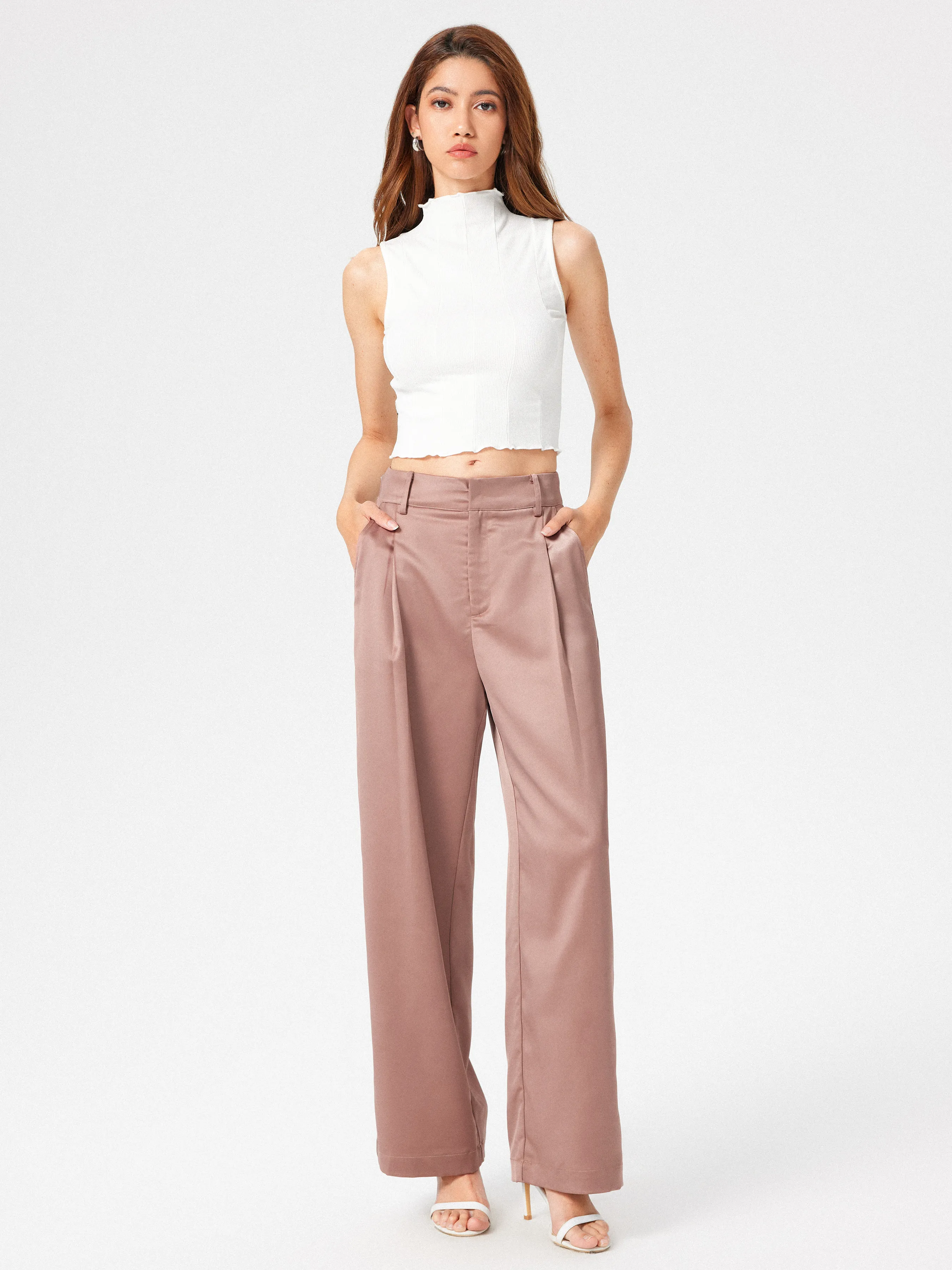  Pantalones Satinados de Cintura Alta Plisados de Pierna Ancha