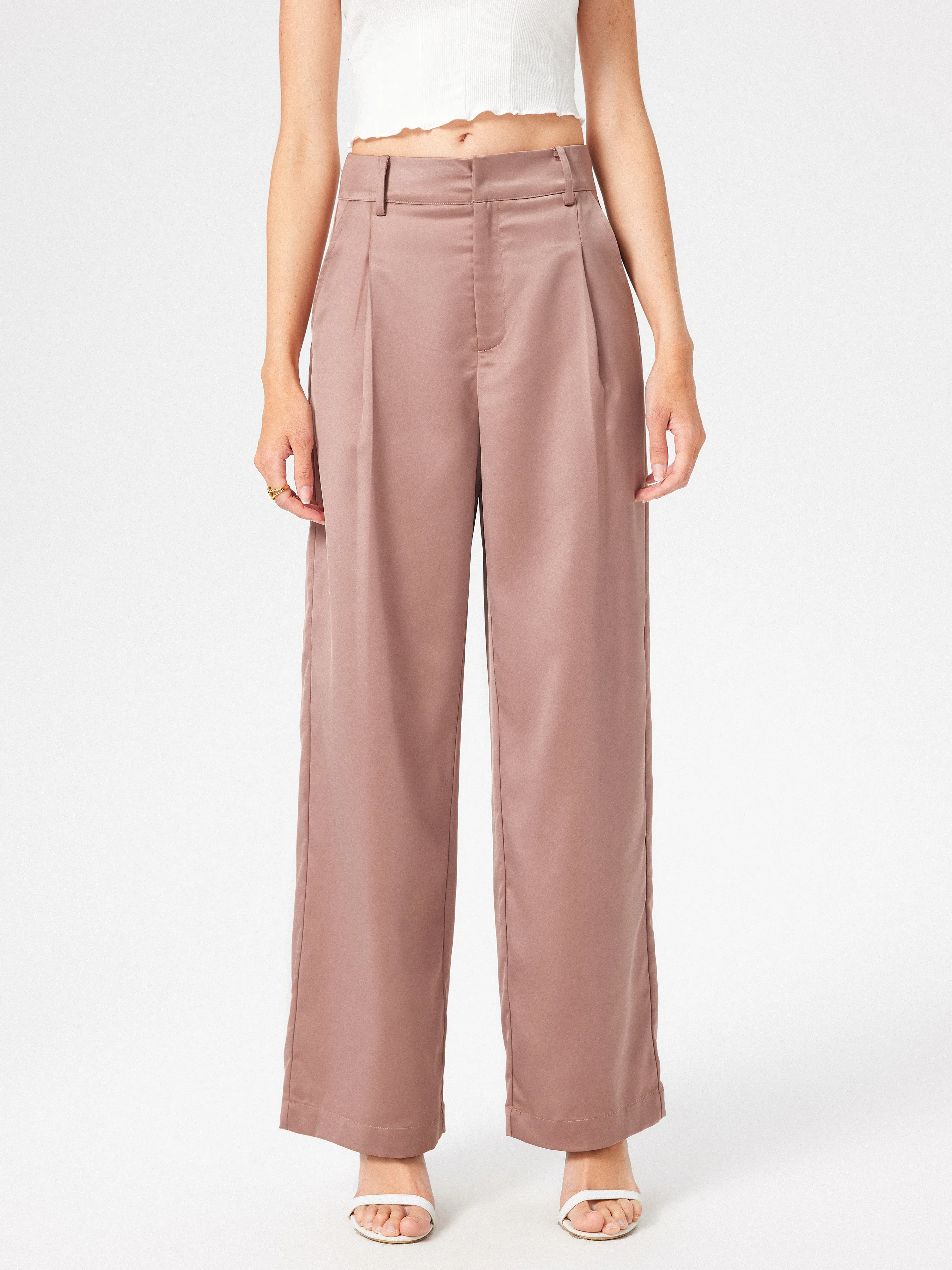  Pantalones Satinados de Cintura Alta Plisados de Pierna Ancha