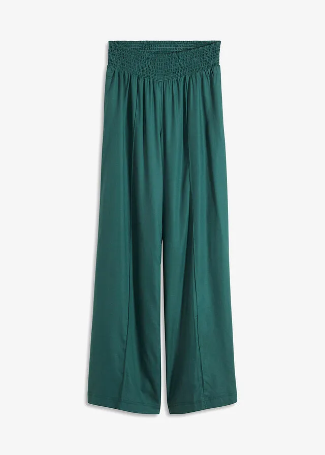 Pantalón ancho de viscosa con cintura alta de nido de abeja y tejido de crepé verde mate