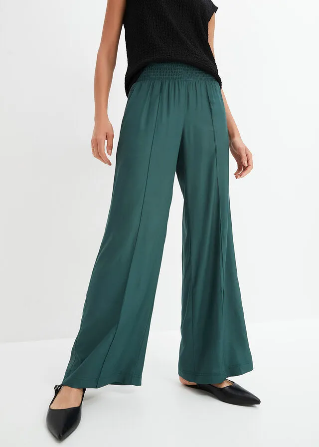 Pantalón ancho de viscosa con cintura alta de nido de abeja y tejido de crepé verde mate