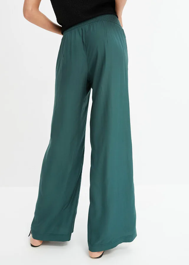 Pantalón ancho de viscosa con cintura alta de nido de abeja y tejido de crepé verde mate