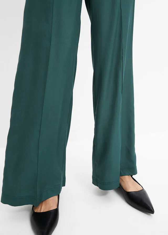 Pantalón ancho de viscosa con cintura alta de nido de abeja y tejido de crepé verde mate