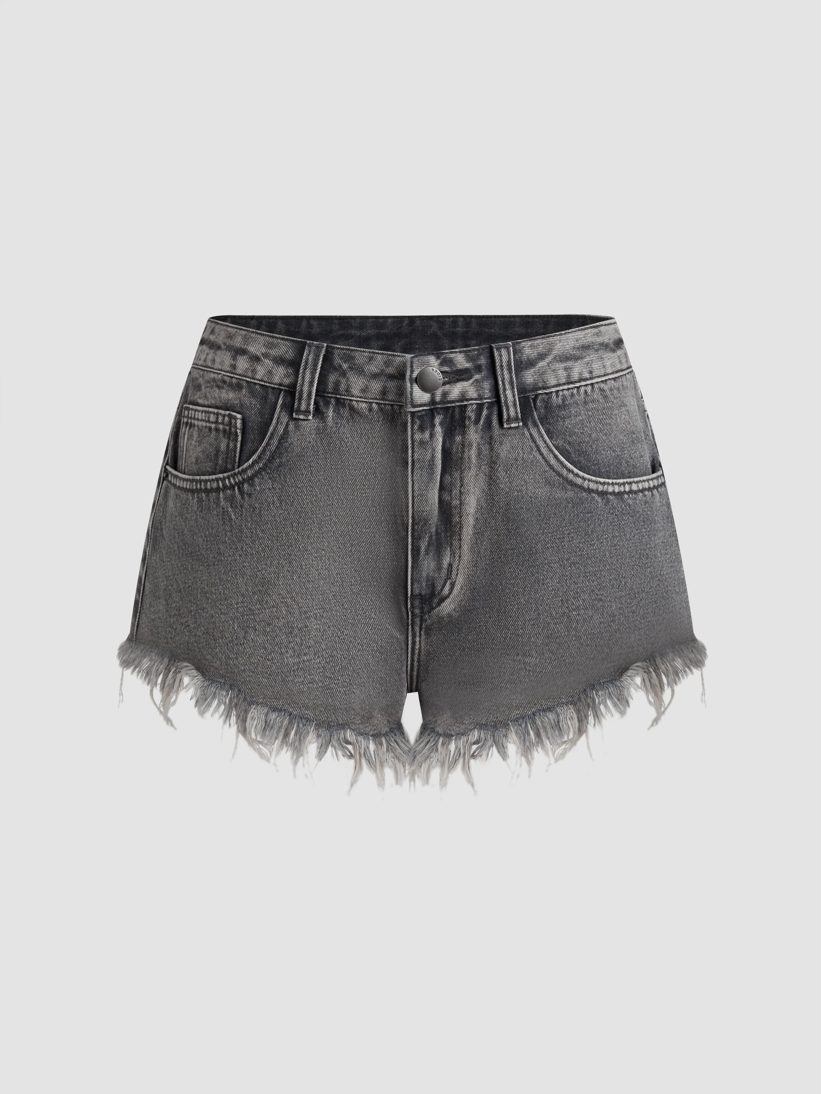 Pantalón corto vaquero de tiro medio sólido con bajo deshilachado y bolsillo