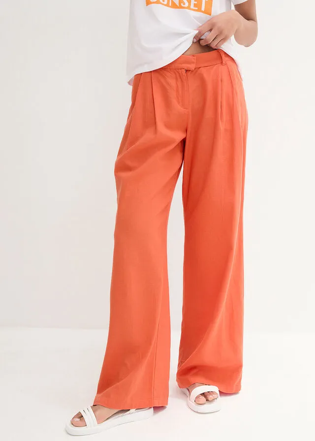 Pantalón palazzo de corte ancho con lino Naranja cobrizo