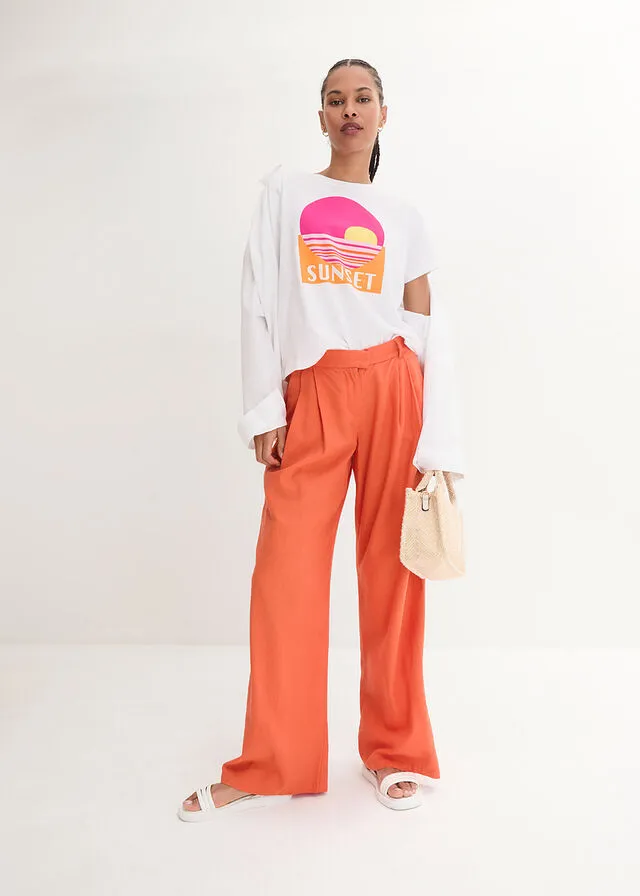 Pantalón palazzo de corte ancho con lino Naranja cobrizo