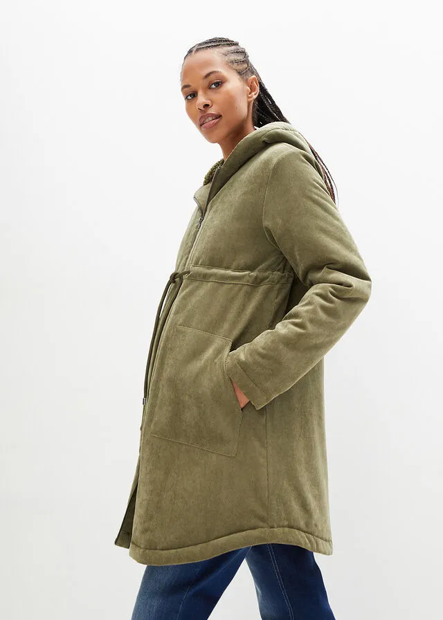 Parka de pana premamá con calentadores para las manos Verde oliva oscuro