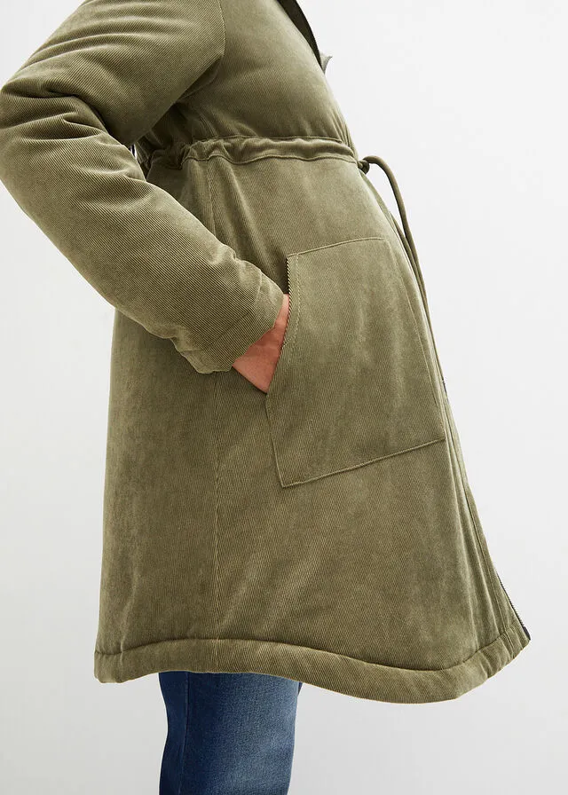 Parka de pana premamá con calentadores para las manos Verde oliva oscuro