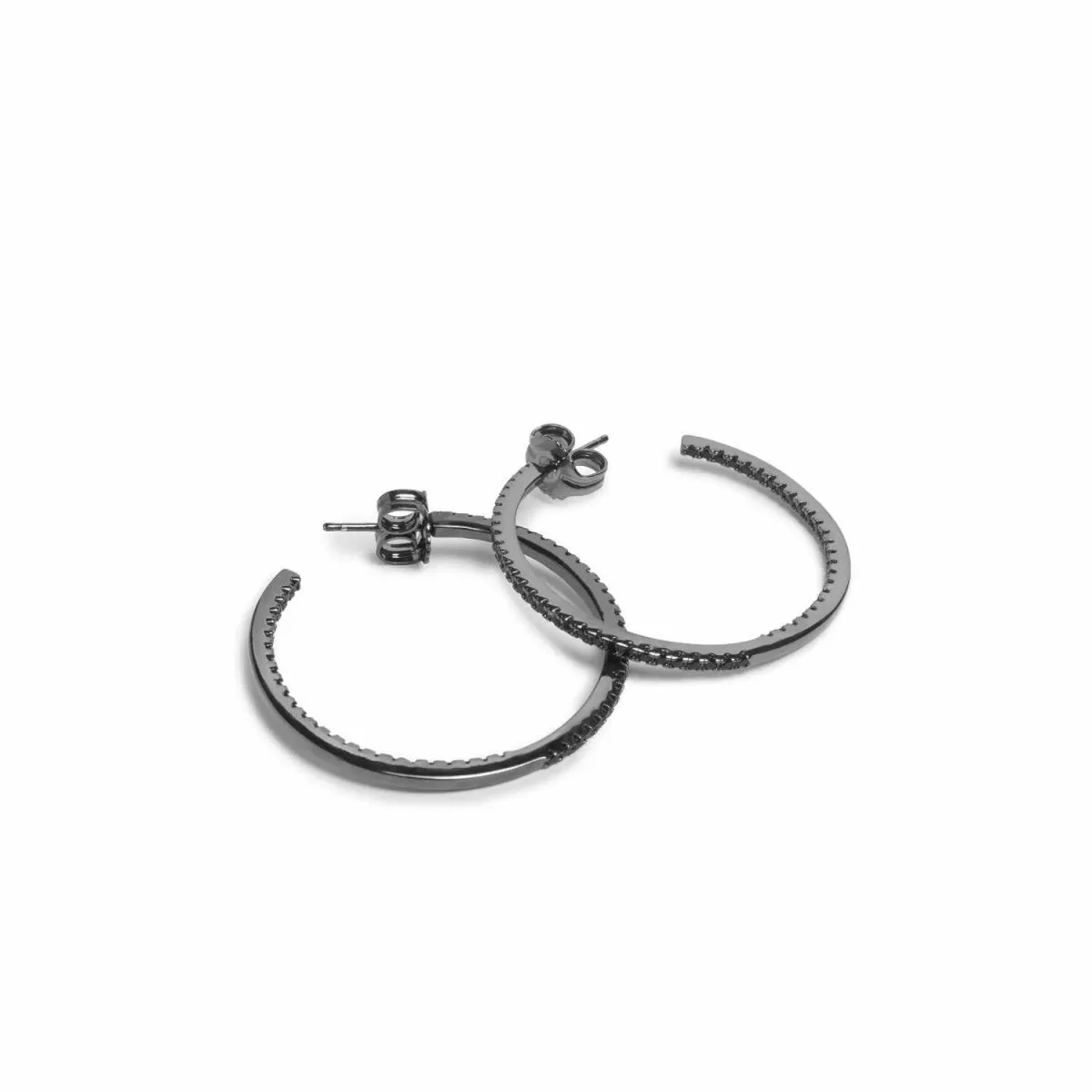 Pendientes aros medianos doble raíl de circonitas negras diseo cuadrado y bao de rutenio