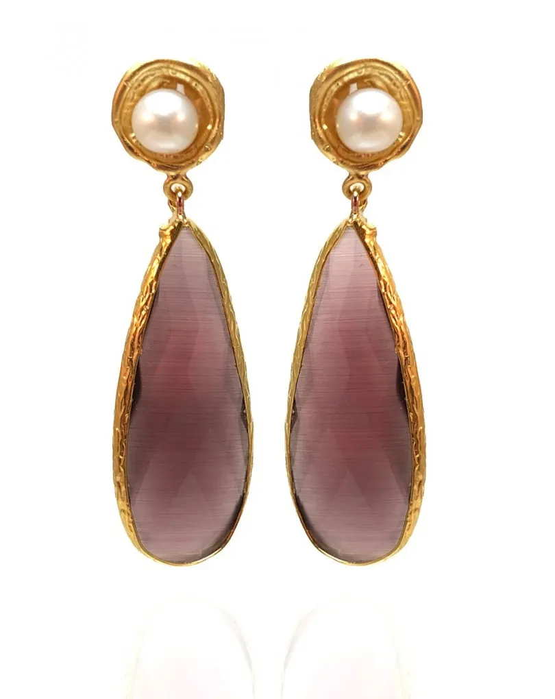 PENDIENTES BERENJENA CON PRECIOSA LAGRIMA TALLADA PARA TU VESTIDO DE FIESTA