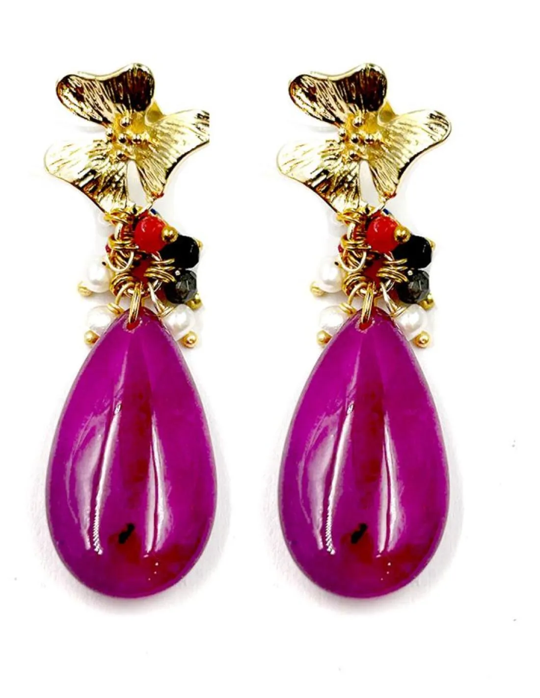 PENDIENTES DE PIEDRA LARGOS BUGAMBILIAS Y DORADOS